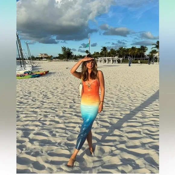 Sequin Gradient Sunset Beach Maxi Dress w/ Gold Starfish Emblem - Picture 4 of 5